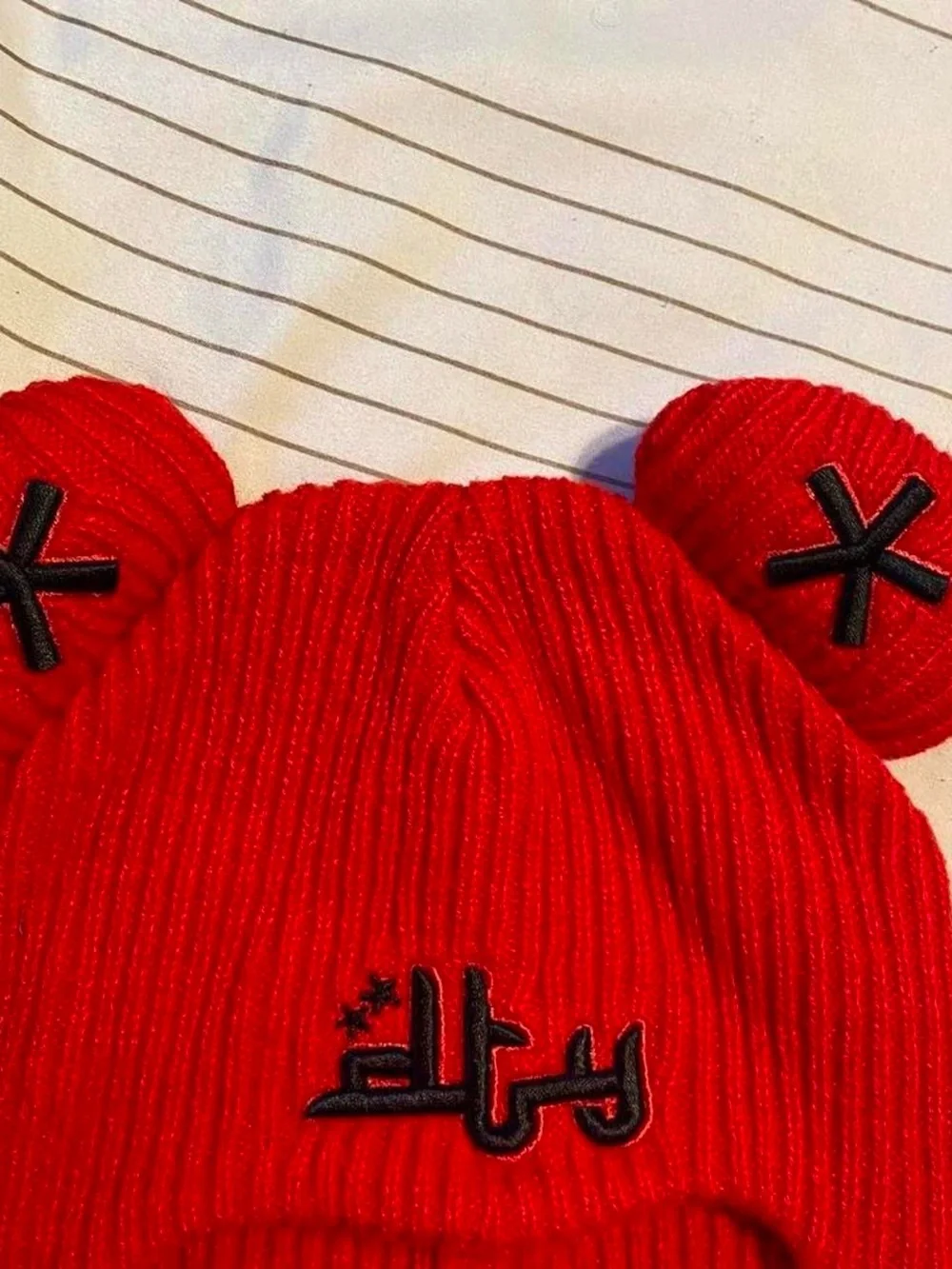 Red Ribbed Knit Balaclava with Bear Ears and Embroidered Logo